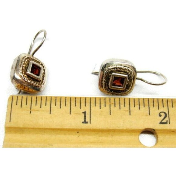 925 Square Amethyst Earrings Hoop Clasp Sterling Silver Vintage Patina - Picture 4 of 6